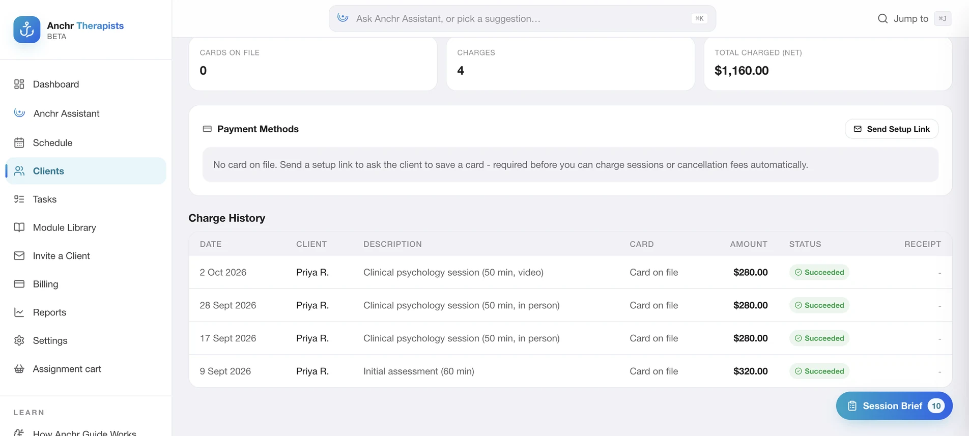 Per-client billing with charge totals and session charge history beside the clinical record
