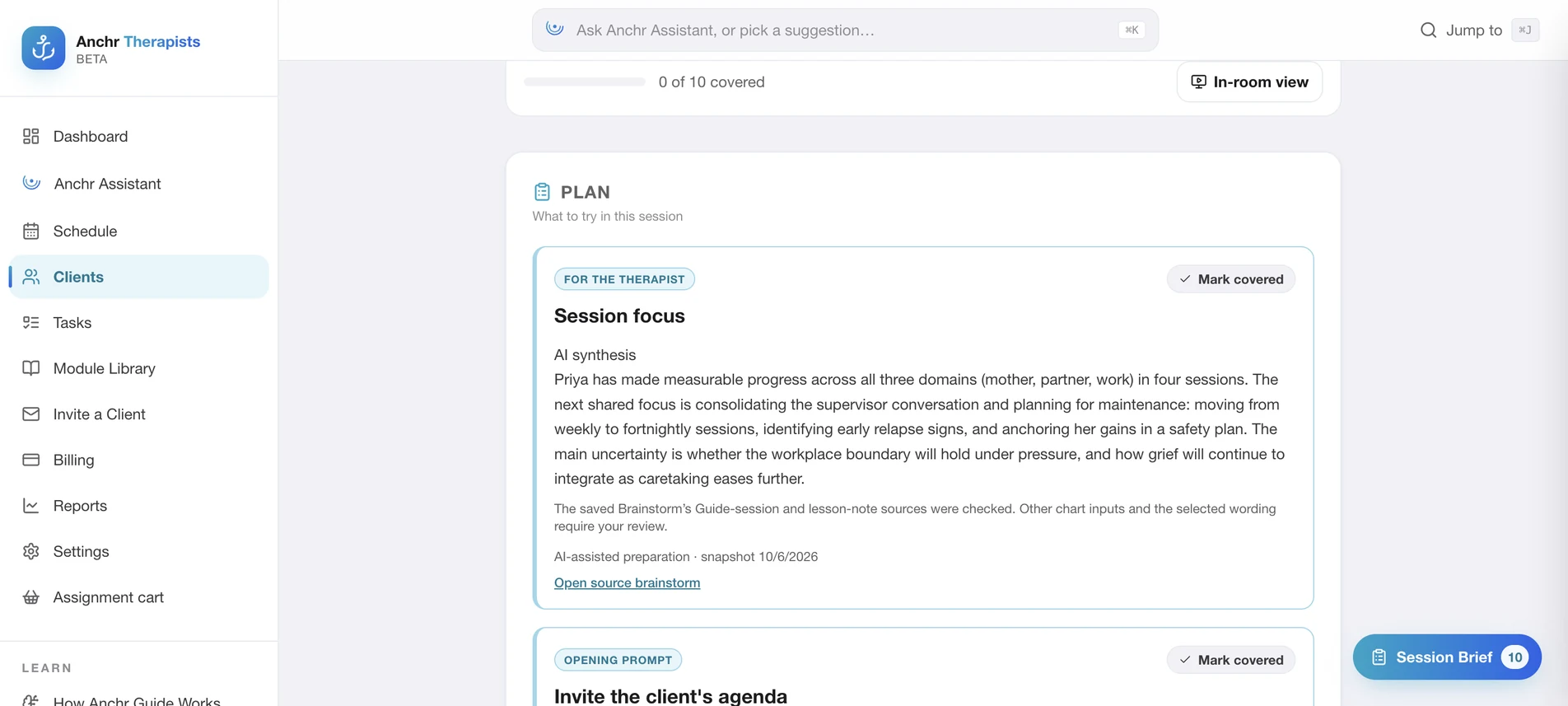 Session brief with the plan pinned from Brainstorm, starting with the session focus